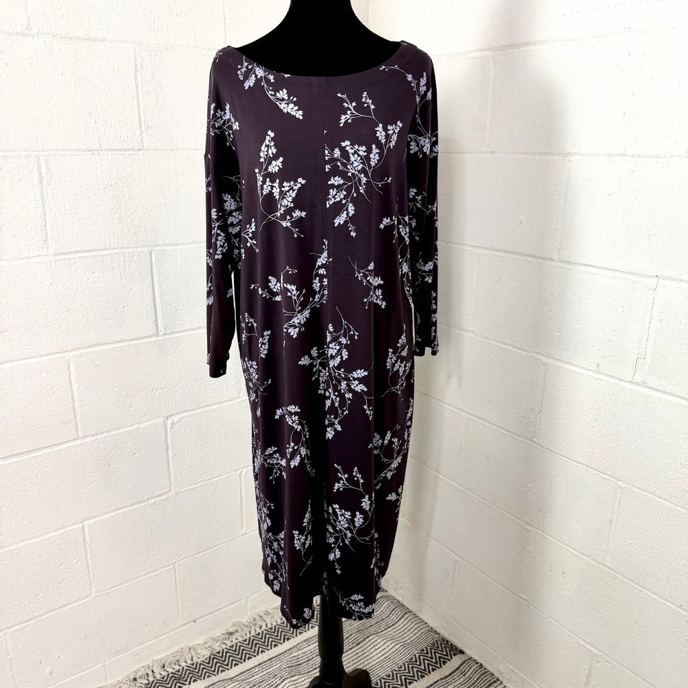 J Jill Wearever Collection Midi Dress Size L Purple Floral Stretch Travel Career